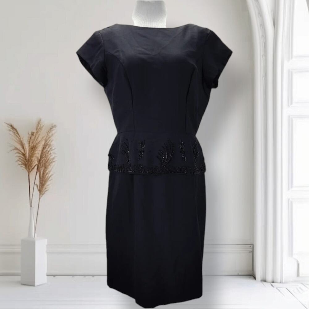 Vintage 50s 60s Black Beaded Peplum Cocktail Dress Boat Neck Wiggle LBD 10